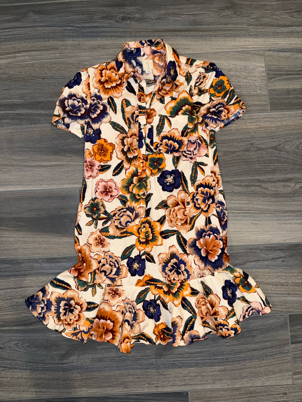 Joie Cream Floral Ruffle-bottom mini dress with Navy and Orange Blooms